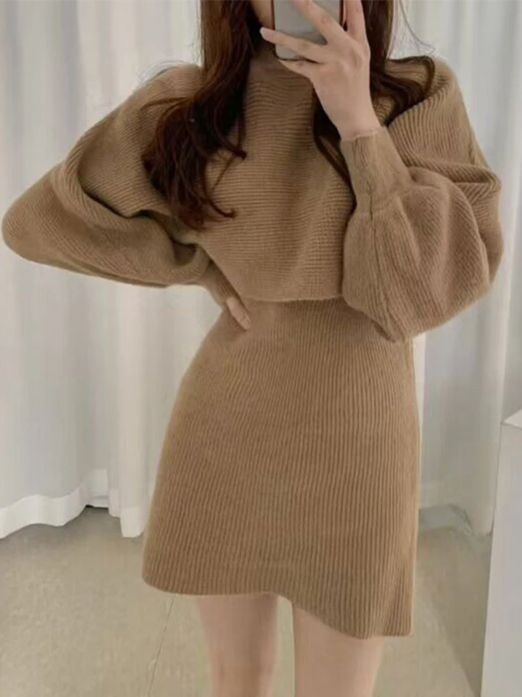 Korobov Autumn Winter Vintage Half High Collar Crop Sweater Slim Hip Wrap Skirt Knitting Dress Women Two Piece Outfits 2022