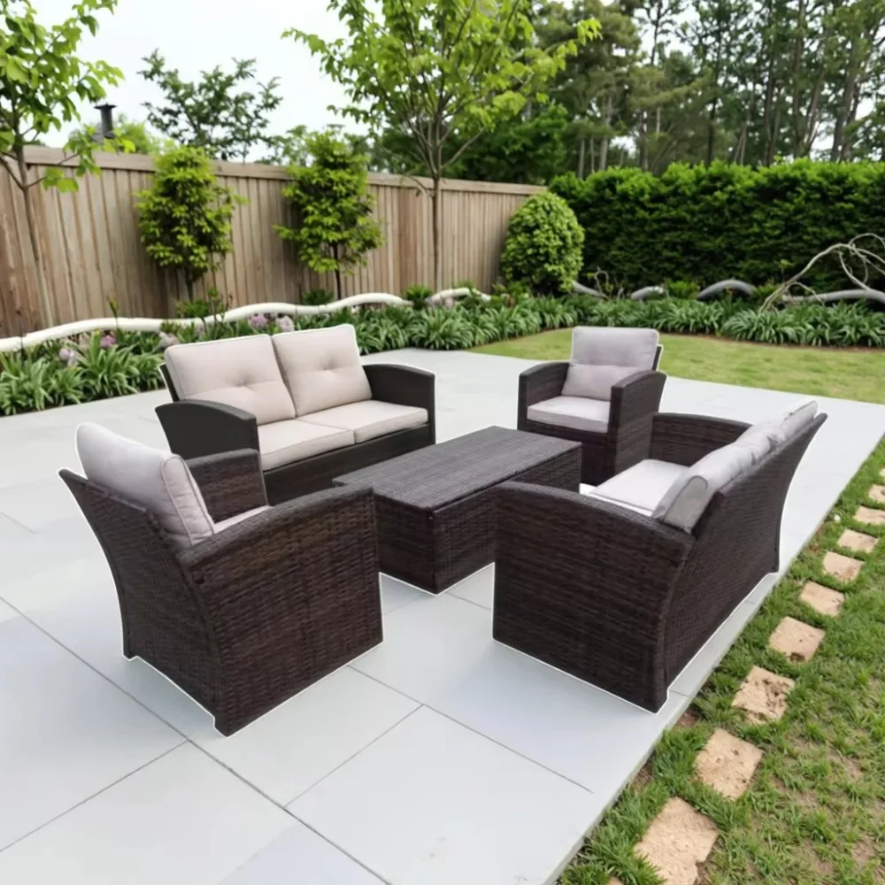 

Modern Outdoor Rattan Sofa Set for Patio Balcony Living Room or Courtyard-Woven Wicker Chair Combination for Park Leisure