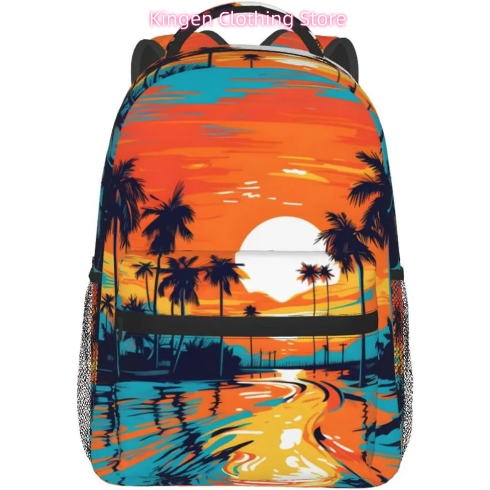 노트북 가방 학교로 돌아 가기 저녁 일몰 해변 그림 경량 노트북 배낭 경량 다목적 여행 캐주얼 Daypa