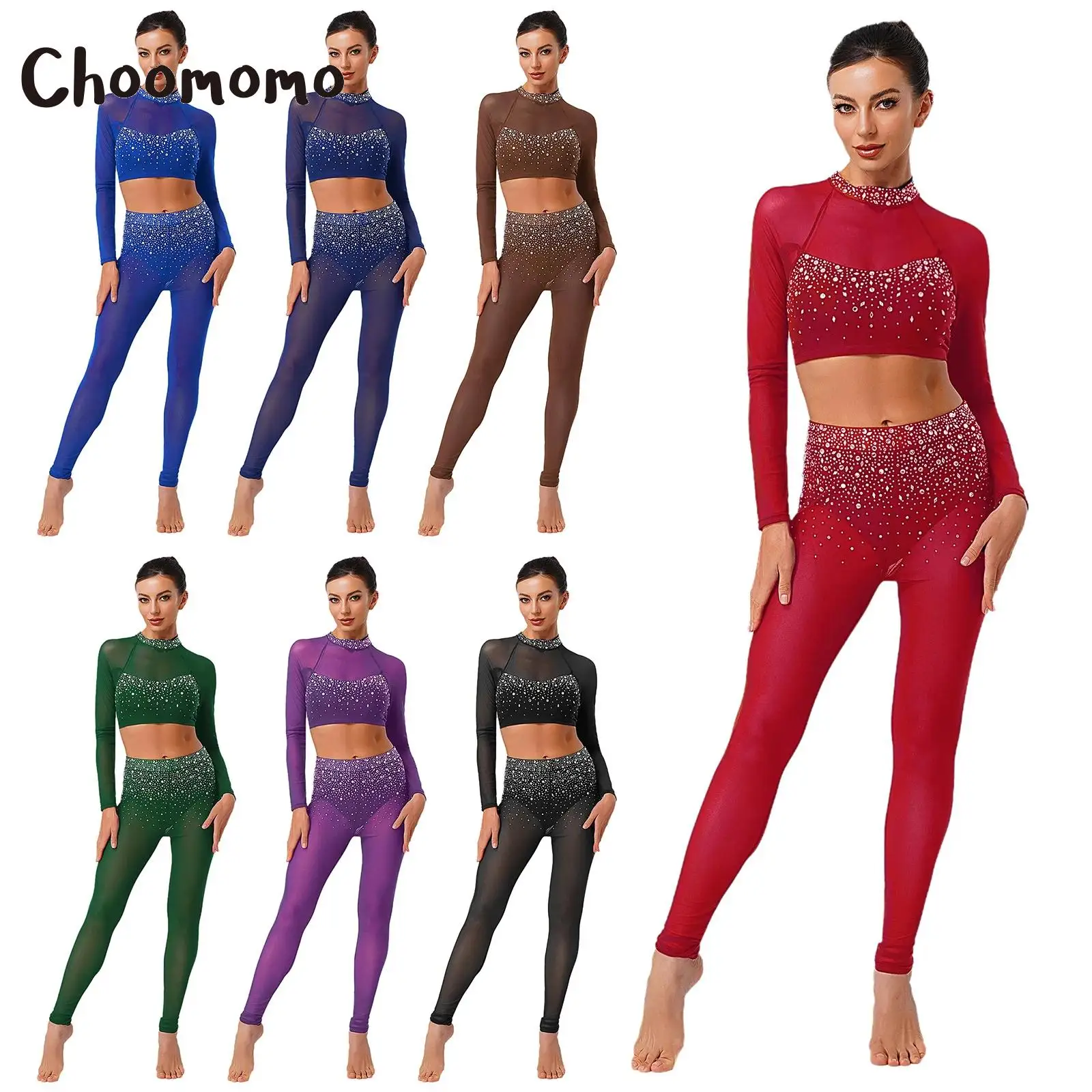 

Women Modern Lyrical Dance Outfit Rhinestone Long Sleeve Sheer Mesh Crop Top Leggings Tights Latin Ballet Gymnastic Workout