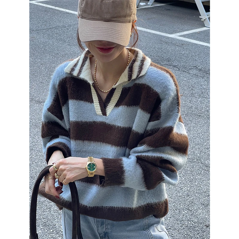 

Полосатый свитер в стиле Харадзюку, женская модная уличная одежда, лоскутные вязаные пуловеры, зимние корейские трикотажные изделия, повседневные джемперы с длинными рукавами