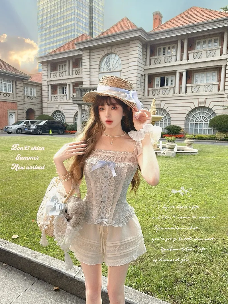 2025 Summer New French Style Girl Fake Two-piece Corset Shirt Japanese Lolita Chic Square Neck Slim Fit Blouse Women's Clothing