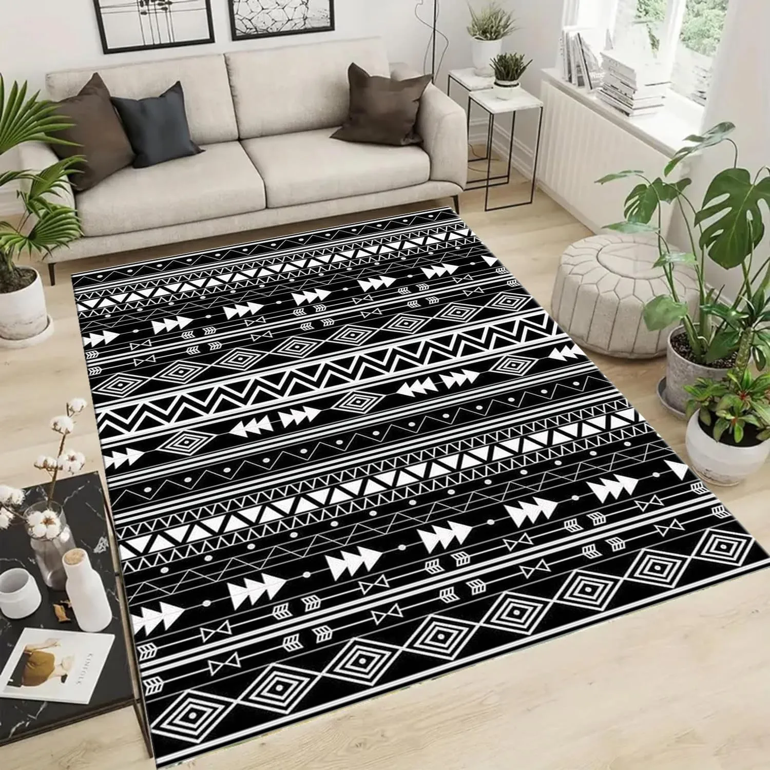 Geometric Black White Arrow Tribal Area Rug for Entryway Washable Carpet with Diamond Pattern Durable Floor Mat Cover