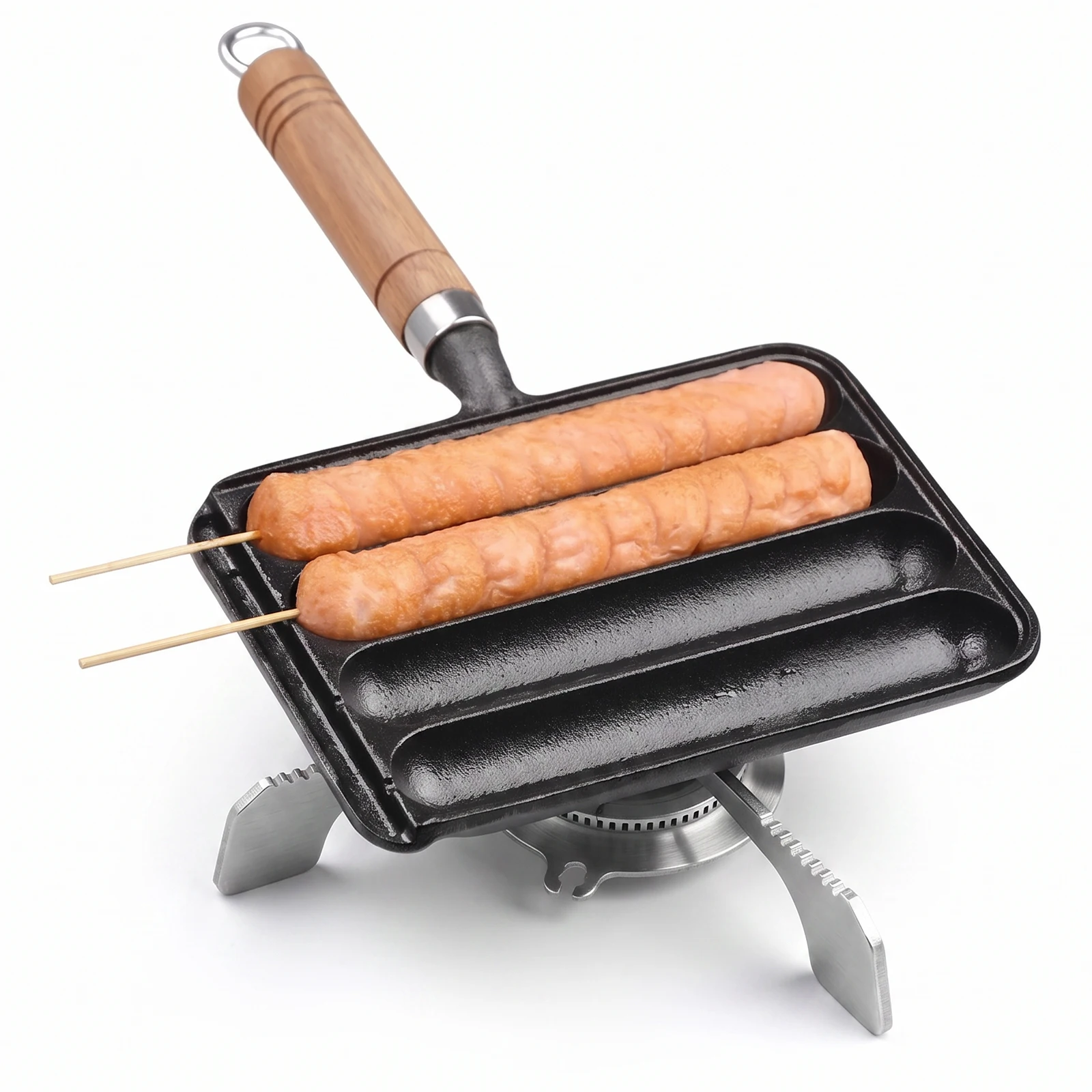 4-Slot Cast Iron Sausage Pans Hot Dog & Corn Dog Skillet Multi-Functional Baking Grill Plate for Outdoor Grilling Cooking