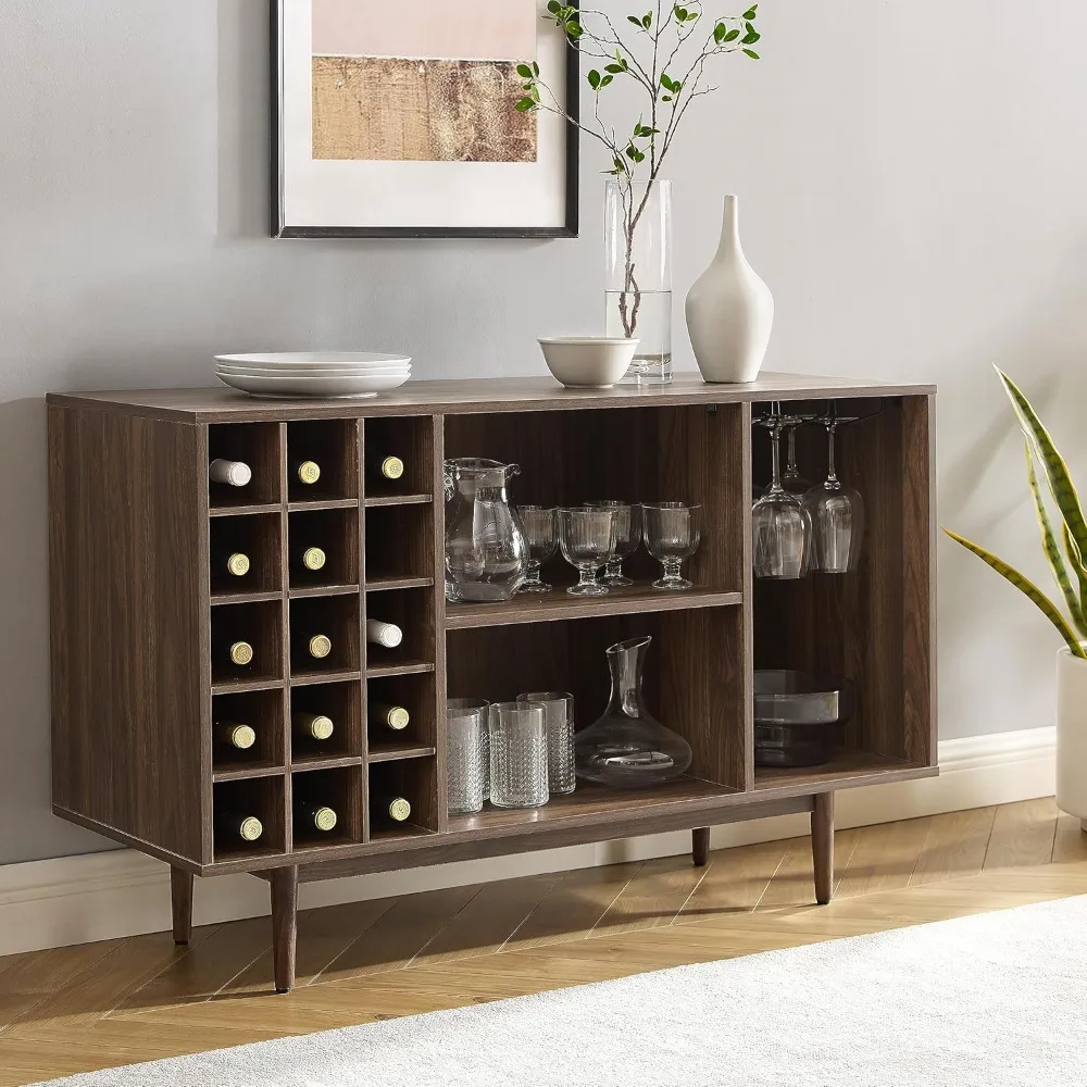 ตู้บุฟเฟ่ต์ไซด์บอร์ดชั้นวางไวน์ Liam Mid Century พร้อมที่เก็บของ สีวอลนัท