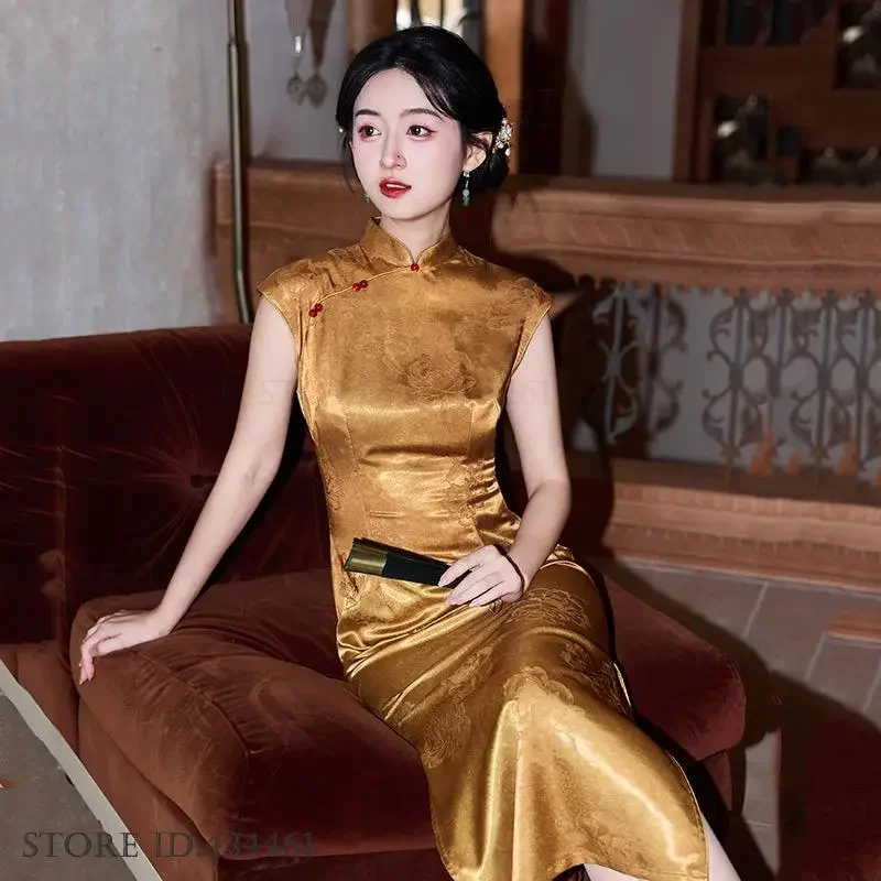 

Female Elegant Long Cheongsam Sexy Sleeveless Chinese Dress Traditional Chinese Qipao Evening Party Dress Jacquard Vestidos 3XL