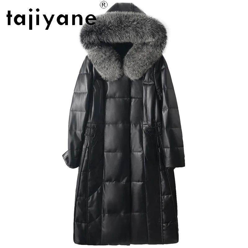 TAJIYANE 100% معطف نسائي من جلد الغنم بقلنسوة سترة طويلة من الجلد الطبيعي معاطف بياقة من فرو الثعلب 2025 ملابس نسائية شتوية