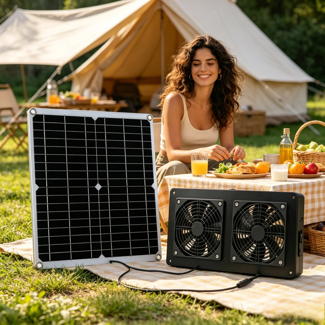 30W High Efficiency Solar Panel Dual Exhaust Fan for RV Greenhouse Dog House Warehouse Outdoor Air Cooling Temperature Control