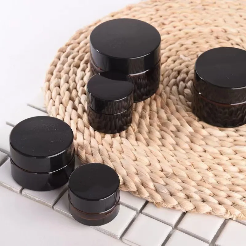 5pcs/lot 5/10/20/30/50/100g Brown Glass Bottle Eye Cream Glass Container Cosmetic Jar Make Up Pot with black Cap Wholesale