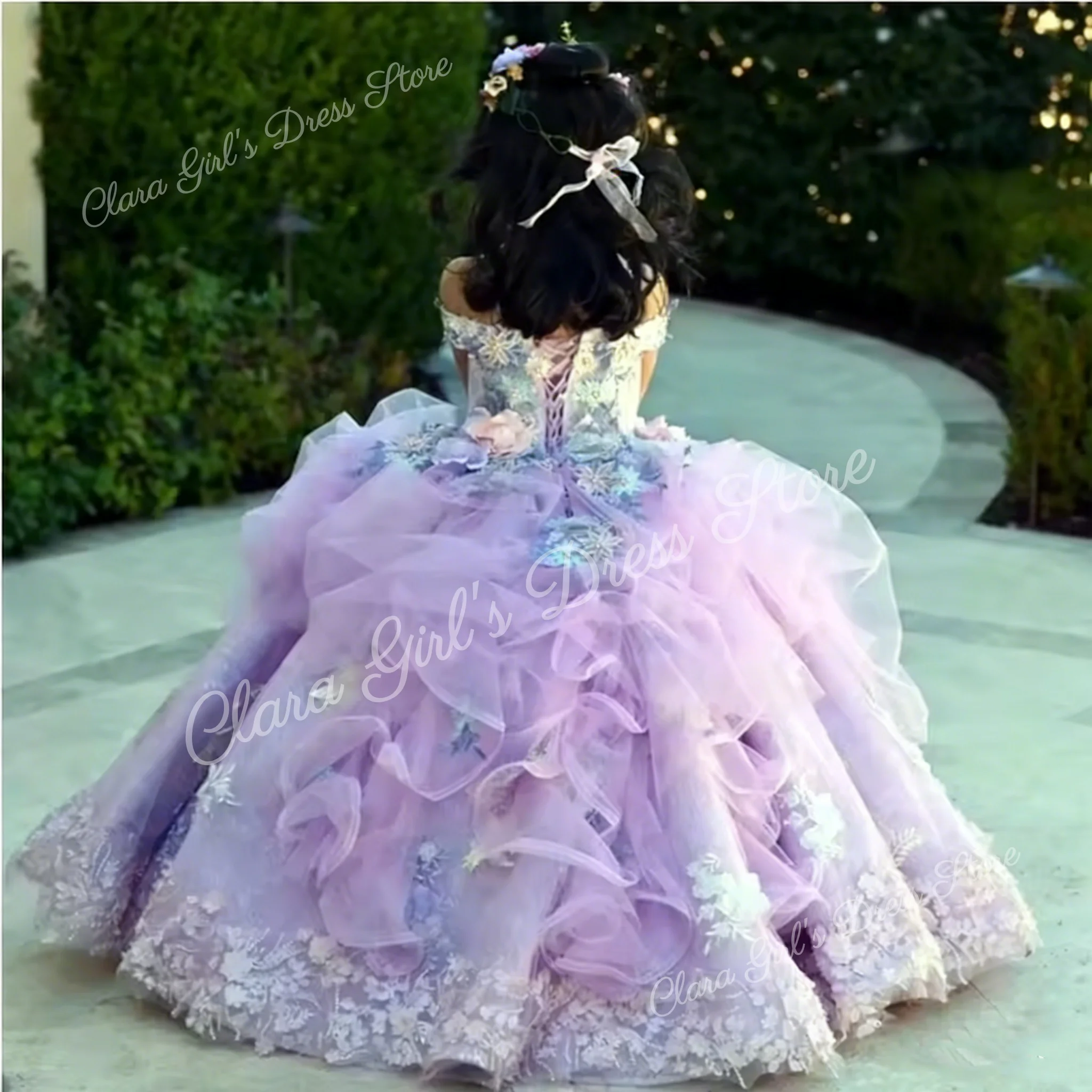 Vestidos de flores de lavanda para niña, para boda, apliques de encaje Floral 3D, fiesta de cumpleaños para niños, vestidos de primera comunión