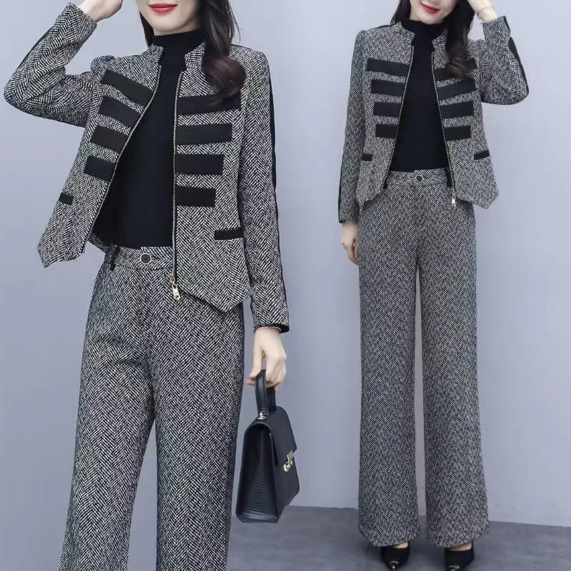 Autumn New Woolen Suit Women Set Western Short Coat Wide Leg Pants Two Piece Set 2024 Women\'s Woolen Set Korean Fashion 2PCS