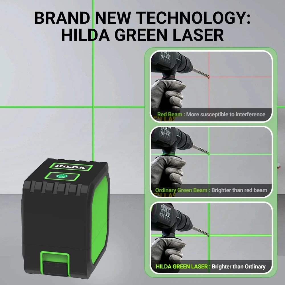 HILDA 2 Lines Mini Laser Level Self Levelling Green Beams Laser Horizontal & Vertical Cross-Line USB Charging