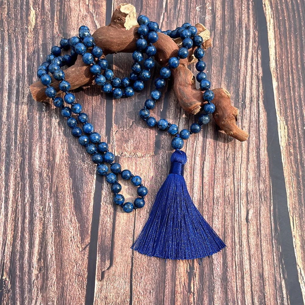 

8mm Lapis Lazuli Colored Stone Knotted 108 Mala Bead Necklace Meditation Prayer Rosary Japamala Jewelry for Men and Women