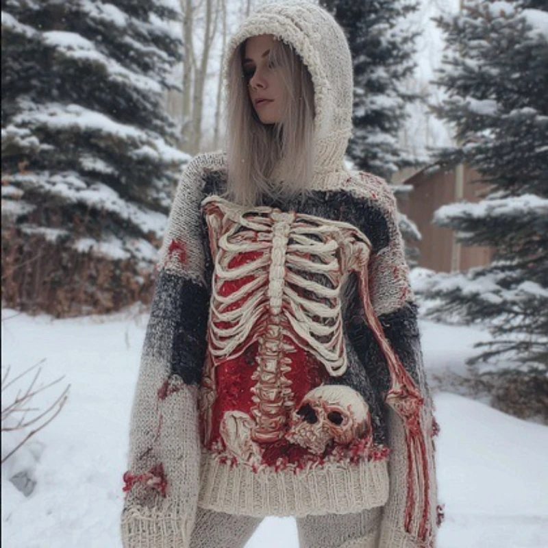 Not Sweater Halloween Printed Thin Hoodies Gothic Dark Baroque Skeleton Graphic Top Large Size Pullover Women Girls Punk Clothes