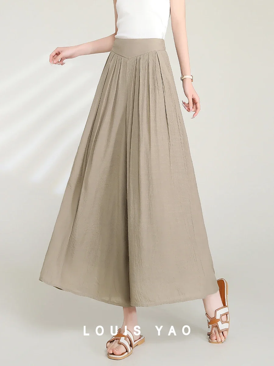 

LOUIS YAO Women Wide Leg Pants 2024 New Casual Loose Pleated Long Pants Culottes Light Weight Solid Color Women Pants