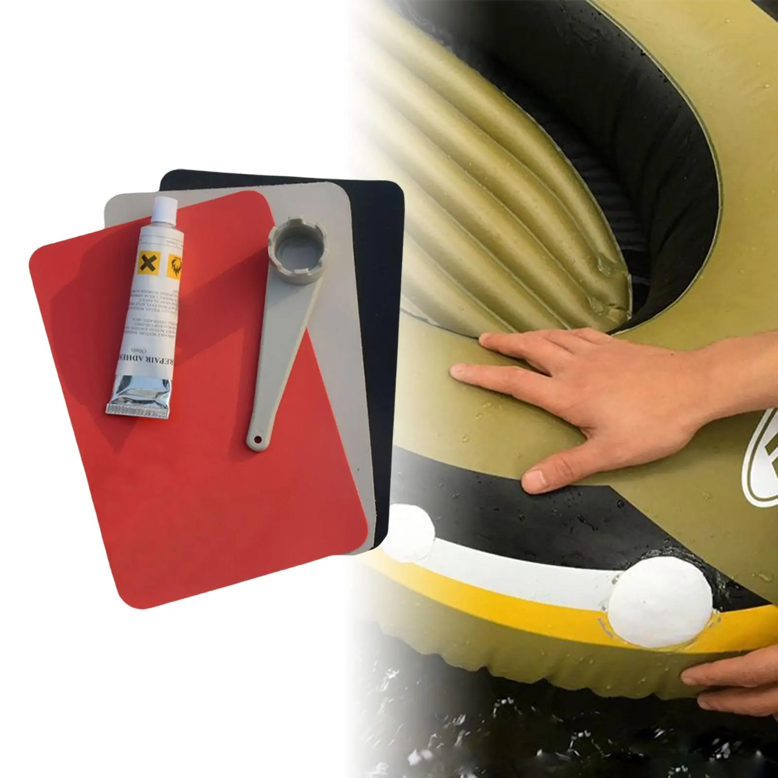 2xKayak رقع إصلاح كاياك مفتاح صمام الهواء مع الغراء لقارب مطاطي الزورق رمادي أحمر أسود
