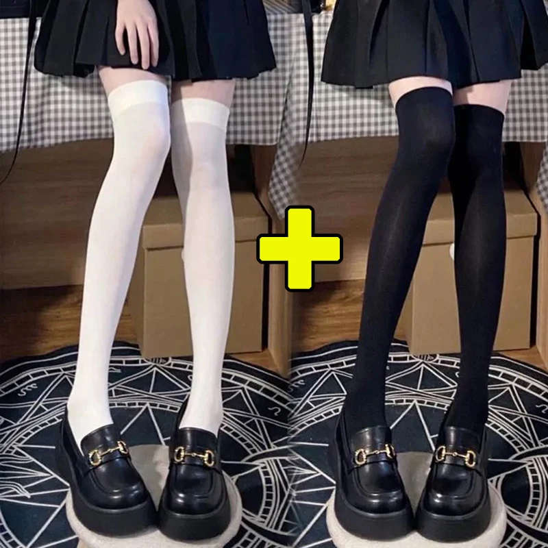 1/2pairs Solid Color Lolita Long Stockings JK Women Girls Cute Black Over Knee Thigh High Socks Sexy Cosplay Nylon Stockings