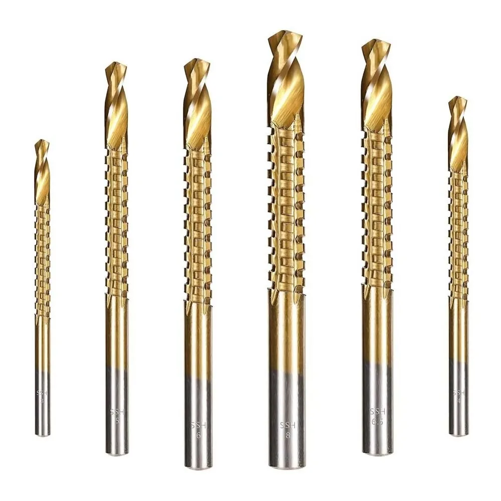 

6pcs Multi-functional Twist Bore Bits Hole Opening Straight Shank Grooving Drills 3-8MM Coated HSS Drill Bits Plastic Plate
