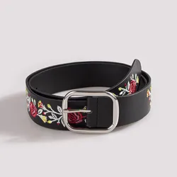 Winter New Rose Embroidery Belt with Silver Square Buckle Ethnic Style Versatile Accessory for Skirts And Coats Women's Leather