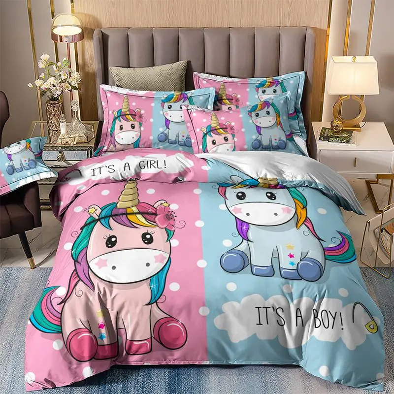 

Unicorn Themed Pink and Blue Cotton Duvet Cover Bedding Set with Pillowcases Ideal for Couple Beds, Double Quilt Covers Included