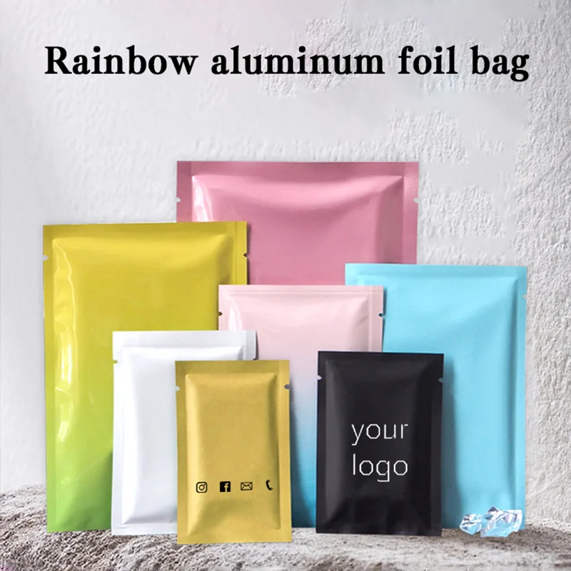 100 bolsas de aluminio mate con sellado térmico en la parte superior, ideales para especias, carne, chocolate, sal, bodas, con posibilidad de personalizar con logotipos.