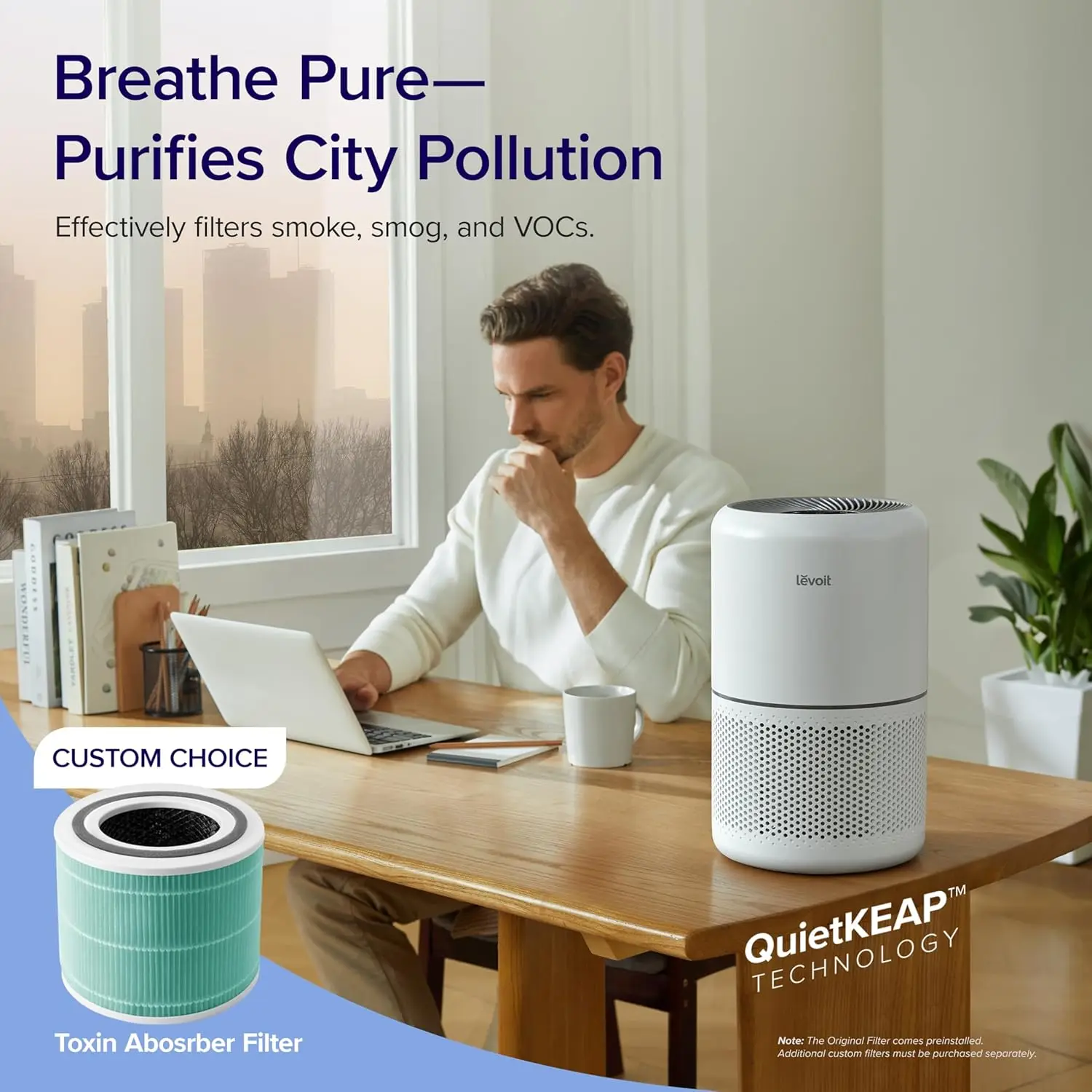 Purificateur d'air pour les allergies domestiques, les poils d'animaux dans la chambre, couvre jusqu'à 1095 pi ² par un moteur à couple élevé de 45W