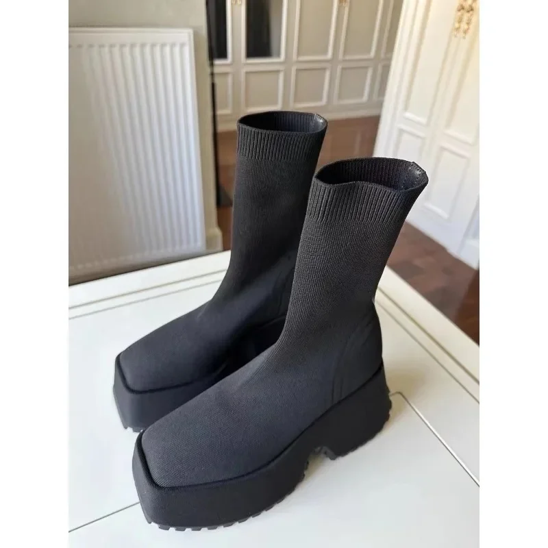 Sock Boots Woman Hided Wedge Platform Female Casual Shoes Autumn New Wedge Lady Knitting Short Ankle Boots Platform 11 CM