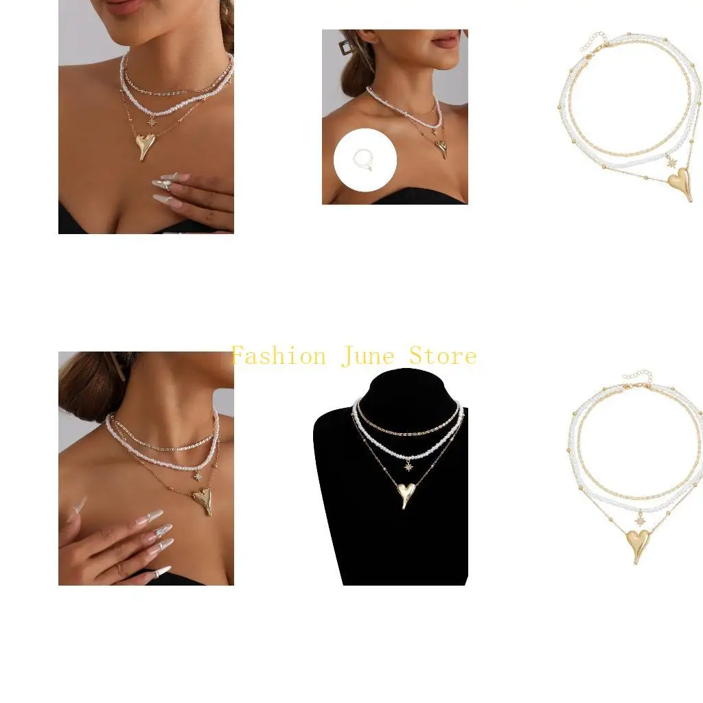 N5KA موضة طبقات قلادة الرقبة مجوهرات مع نجمة القلب غير النظامية واللؤلؤ المقلد لملابس يومية أنيقة #1