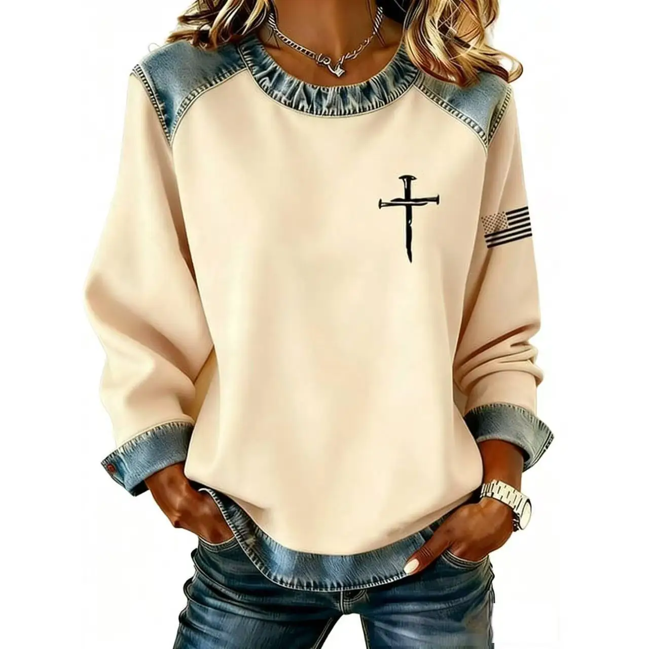 

Women Fashion Knitted Top Denim Collar Long Sleeve Pullover Patchwork Top 2026 Spring New Long Sleeve T-shirt Hoodie Top