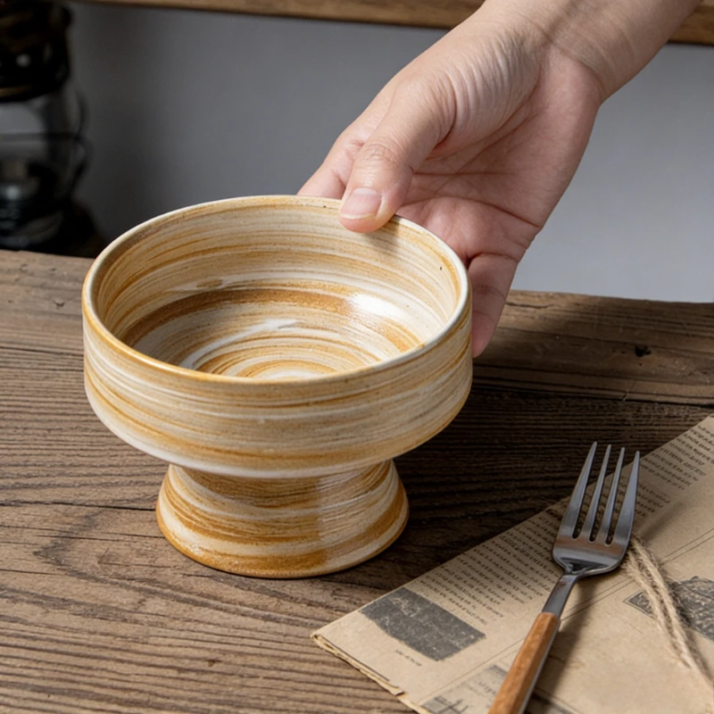 

Japanese Style Rustic Ceramic Retro Hand Painted Brush Pattern Footed Bowl Creative Dessert Bowl Special Cuisine Tableware Bowl