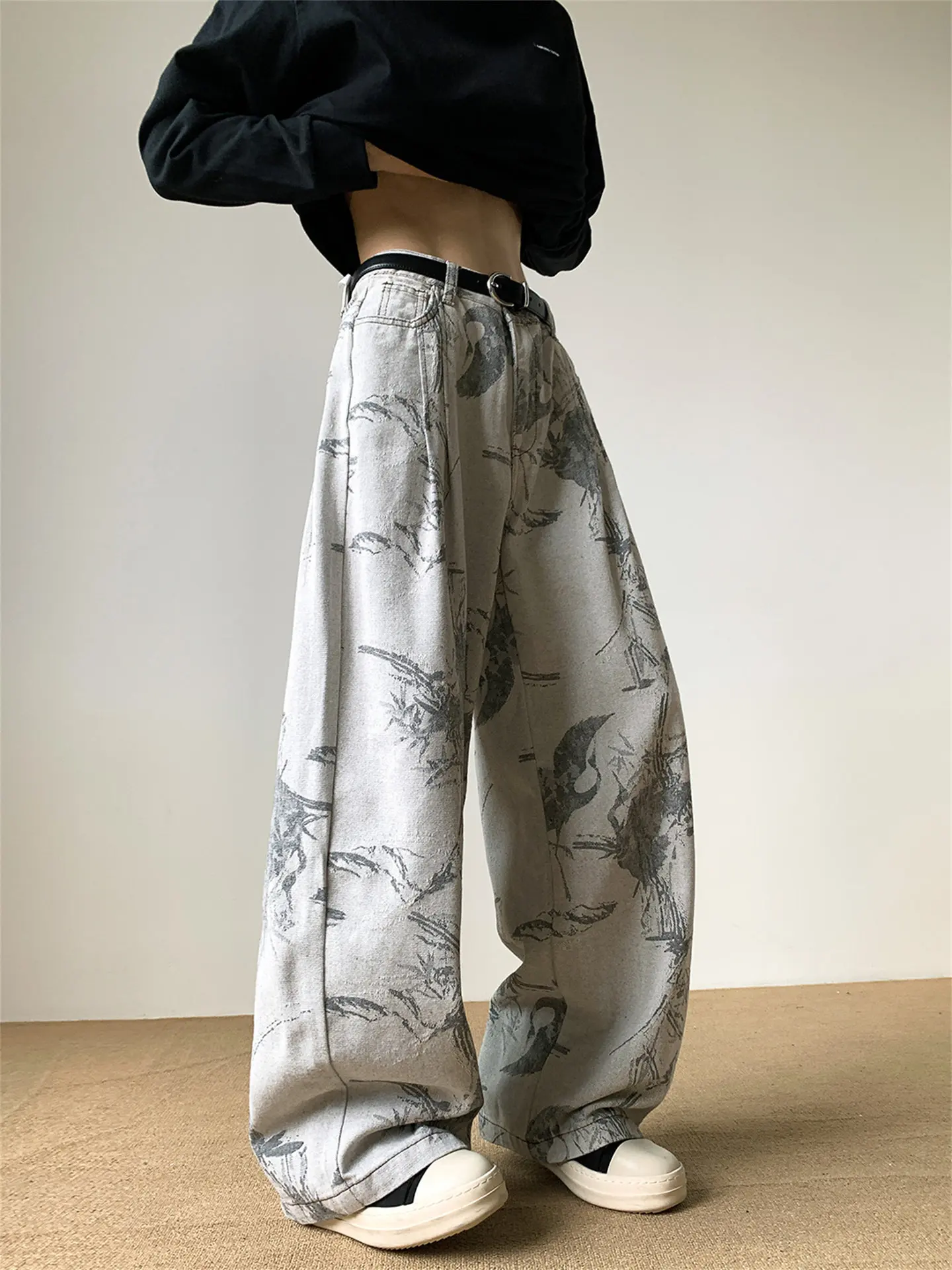 Women's Grey Baggy Jacquard Jeans Grunge Hiphop Oversize Jean Pants Vintage Harajuku Denim Pants Alternative Clothes Autumn 2026 view 3