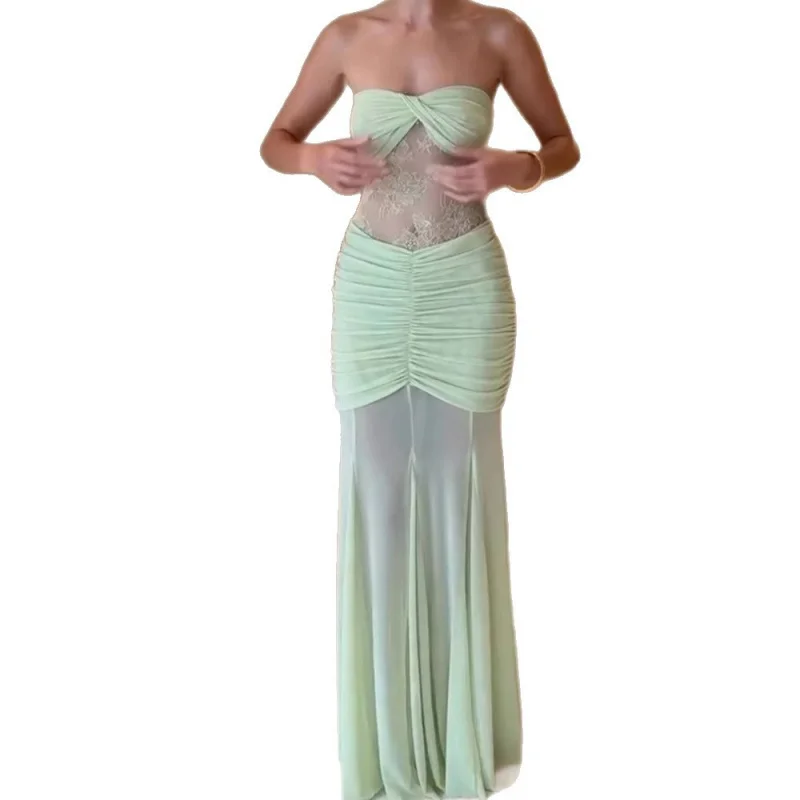 レディース新作ストラップレス、ギャザーメッシュパッチワークシアーレース、欧米風ドレス