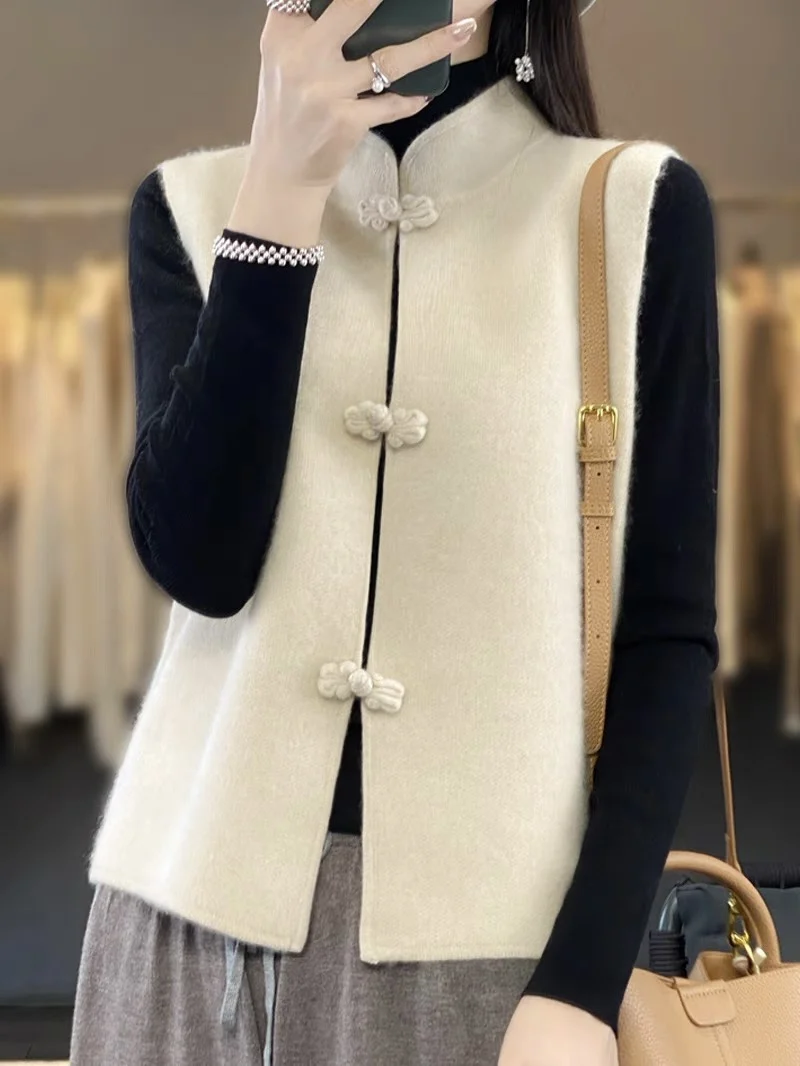 

Элегантный женский вязаный шерстяной жилет из Циндао с воротником-стойкой, открытый кардиган, однотонный, для повседневной носки, зимний...