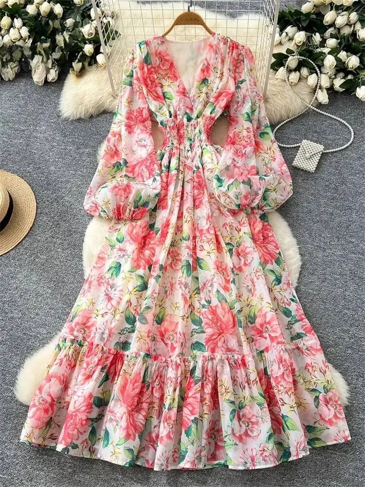 

Женское французское винтажное платье с цветочным принтом, сексуальные длинные платья с v-образным вырезом и рукавами-фонариками, весенне-осенний шифоновый длинный халат с листьями лотоса