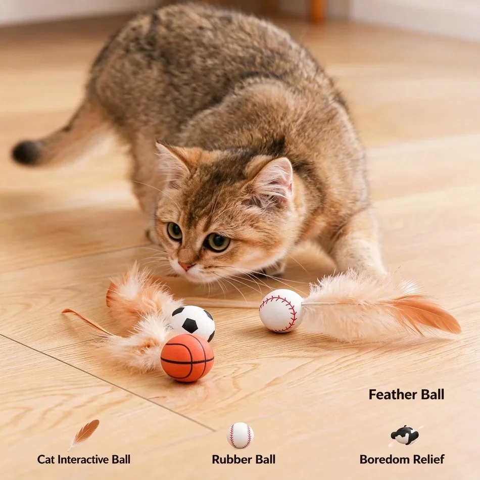 Interactive Bouncing Ball Toy And Feather Chase Game For Cats Small Dogs Basketball Baseball Football Shapes Pet Boredom Relief
