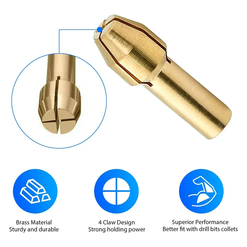 A89X 8Pcs Brass Collet Set With Keyless Drill Chuck, Replacement 4485 Brass Quick Change Rotary Drill Nut Tool Set