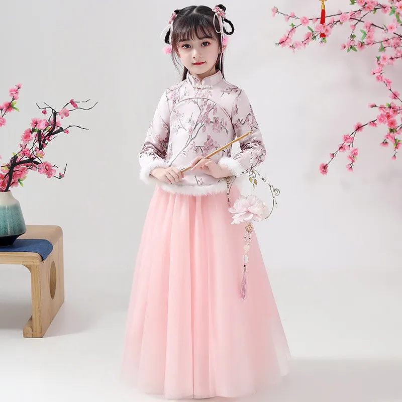 

Girls' Hanfu New Year's Clothing Children's Warm Cheongsam Chinese Tang Suit Kid Winter Plus Velvet Cute Embroidery Party Dress