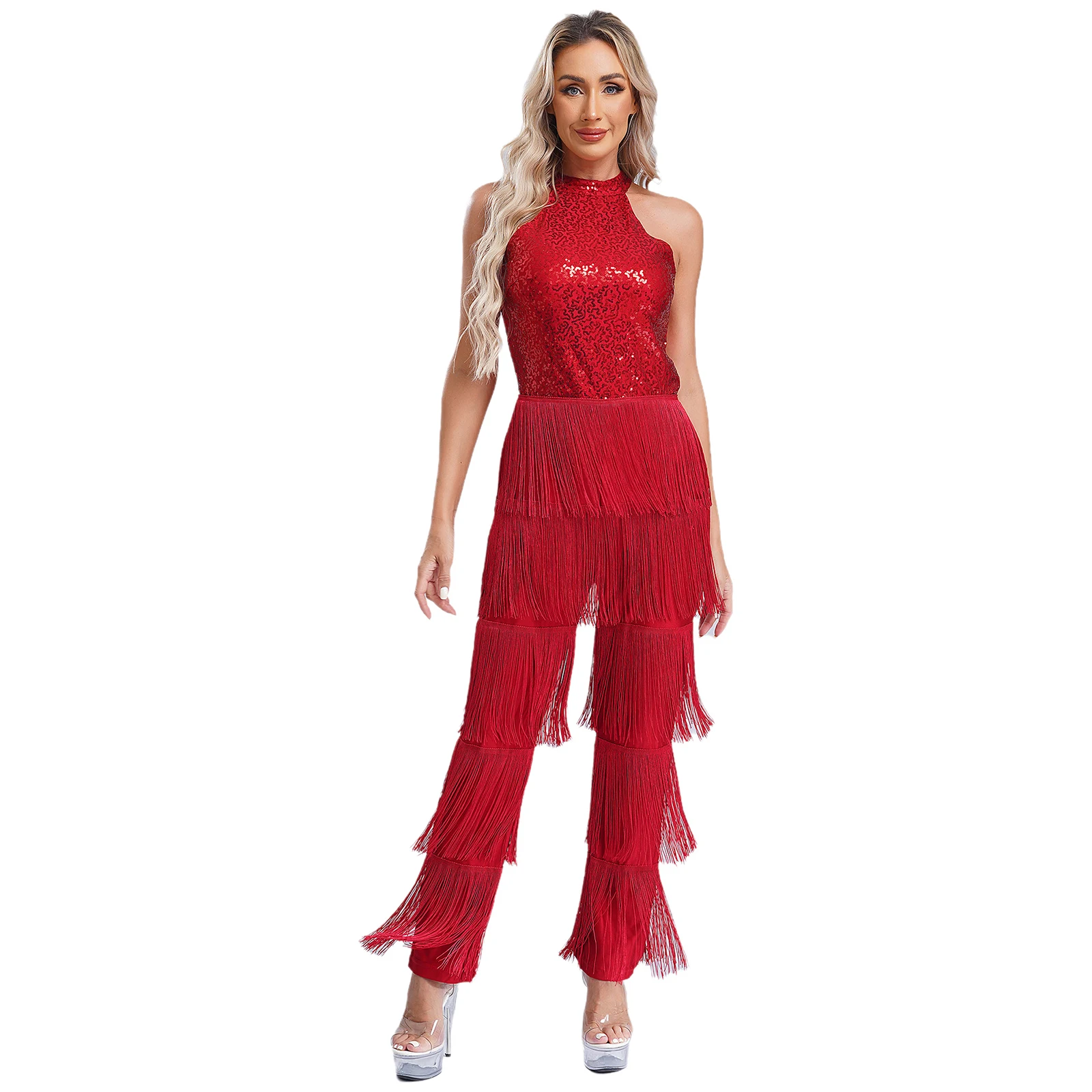 

Cha-cha Latin Dance Jumpsuit Womens Sequins Tiered Tassel Rompers Halter Sleeveless Backless Jumpsuit Club Party Dance Costumes