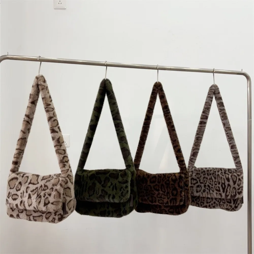 

New Faux Fur Vintage Messenger Bags Soft Leopard Print Shoulder Bag Large Capacity Handbags Women