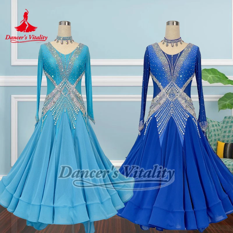 Tela Georgette de danza Social para mujer, vestidos para realizar con collar, ropa de piedras AB de vals personalizada avanzada, vitalidad de bailarina