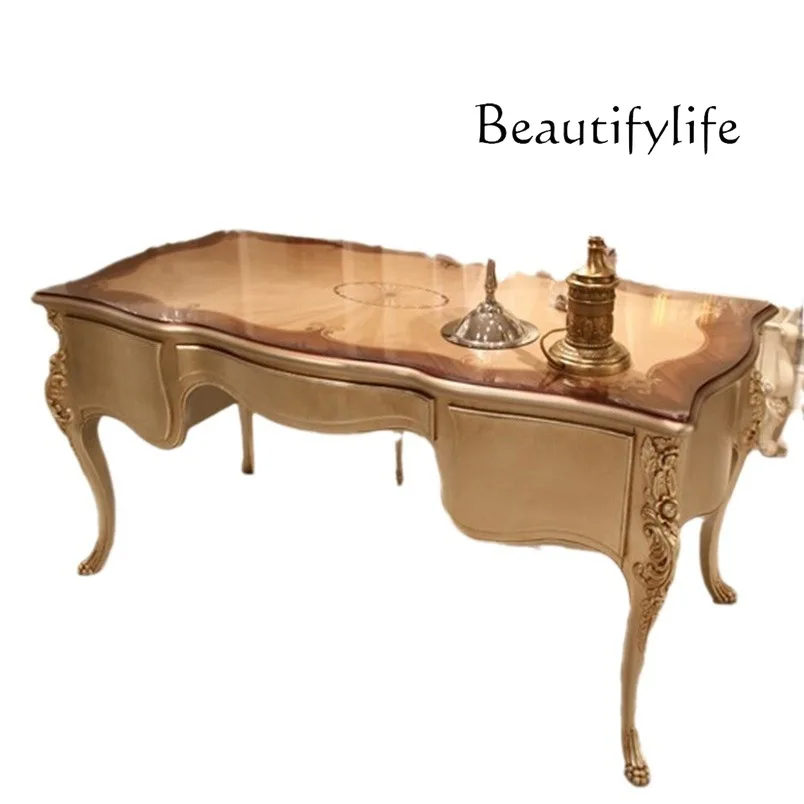 

Luxury European study furniture, large solid wood carving flower writing desk, French home desk