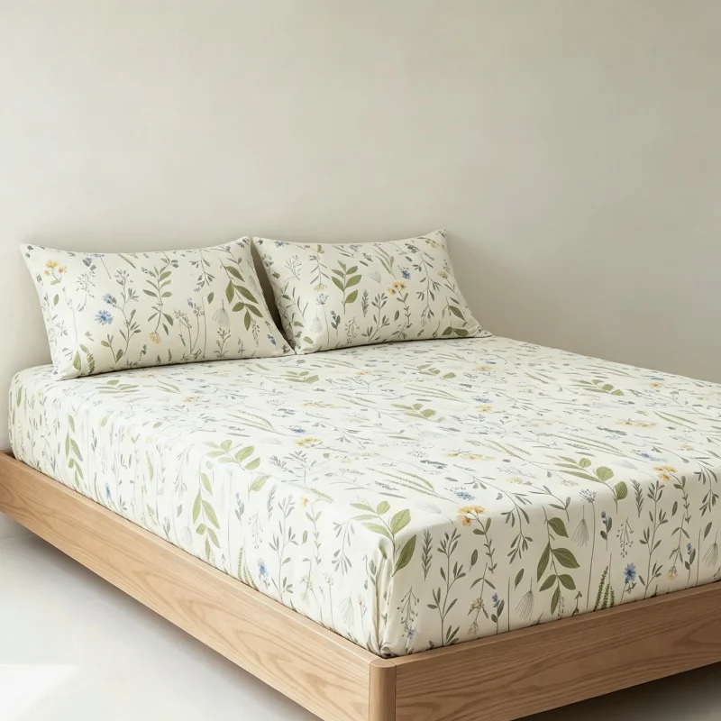 100% cotton plants 3Pcs Fitted Bed Sheet With Elastic Band Anti-slip Adjustable Mattress Cover (Pillowcase without pillow core))