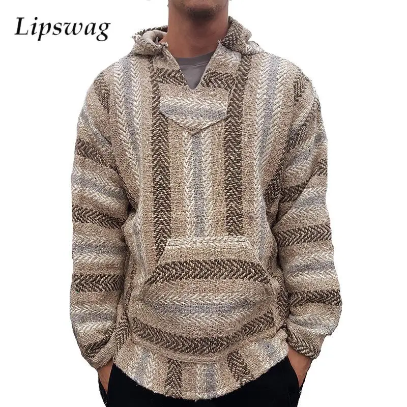 Trendy Mens Knitting Hoodies Streetwear Autumn Winter Casual Patchwork Striped Knit Hooded Sweatshirt Men Vintage Knitted Hoodie