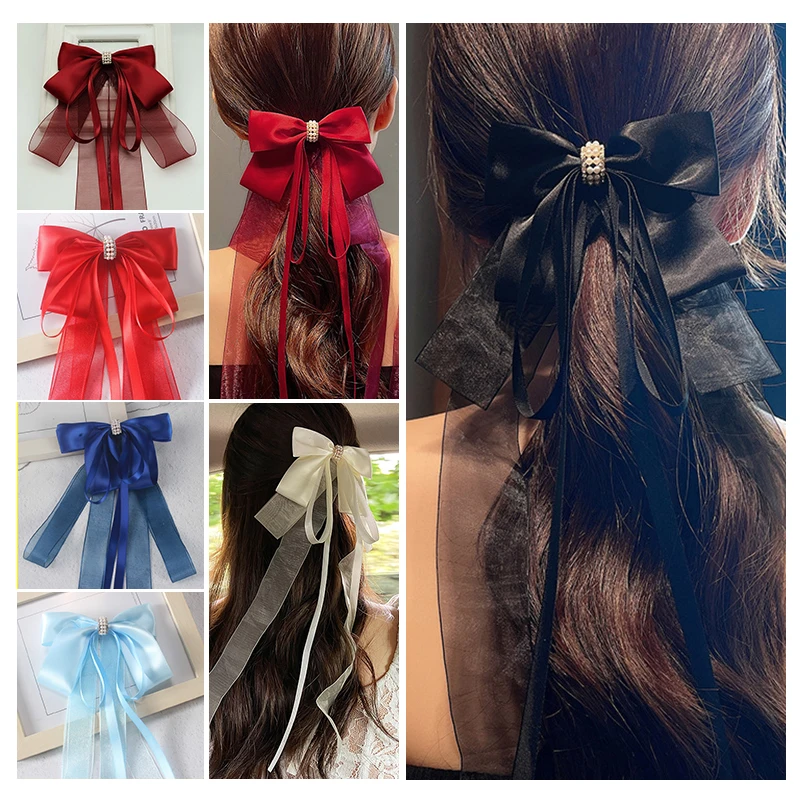 女の子と女性のための大きな蝶ネクタイ付きヘアクリップ,長いリボン,ヘアピン,かわいい,ポニーテール,ヘアバンド,ファッションアクセサリー