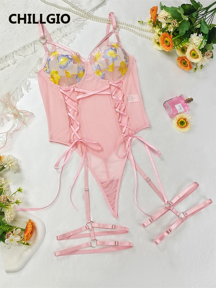 

CHILLGIO Women Embroidery Floral Lace Strappy Rompers Lingerie Slim Bodycon Lace-up Onesie Sexy One Piece Combination Bodysuits