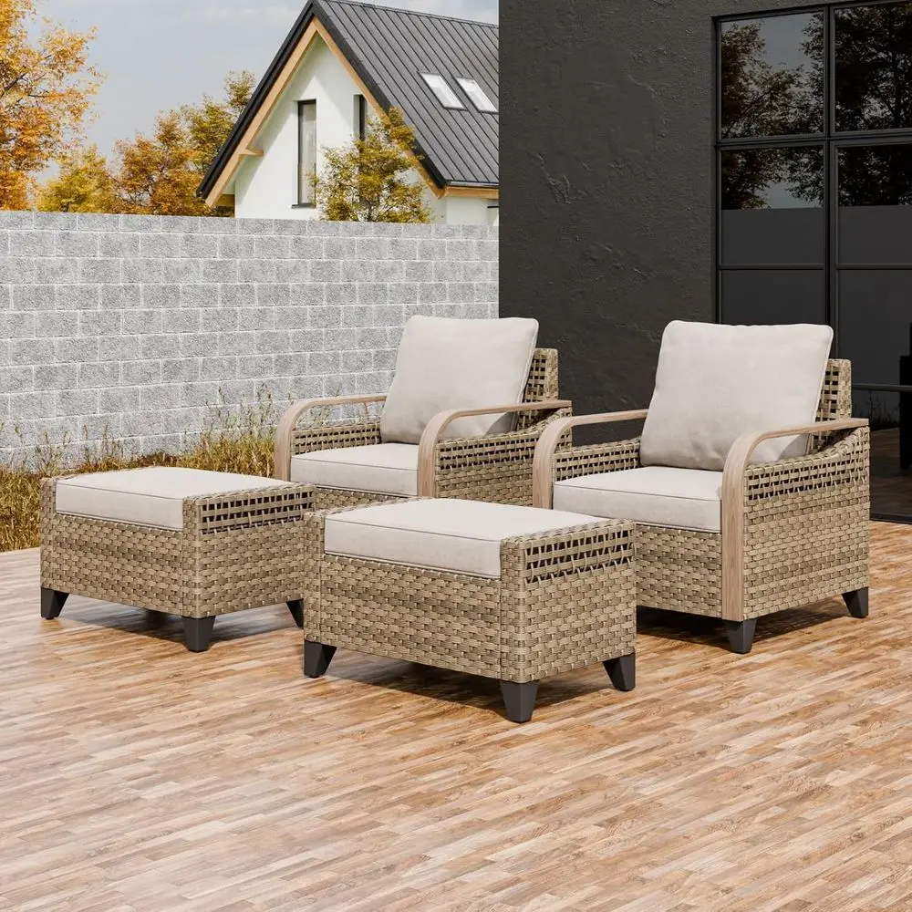 

ern Wicker Outdoor Chair, Patio Chair Curved Armrest, Rattan Patio urniture or Yard Deck Porch Garden, 2 Chairs 2 Ottomans, 4 Pi