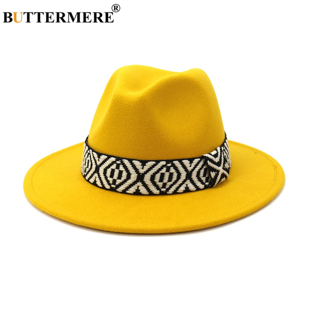 

BUTTERMERE Brand New Design Yellow Women Men Fedoras Hat Vintage Jazz Hat Autumn Winter Panama Cap Outdoor Trilby Hat Red Green