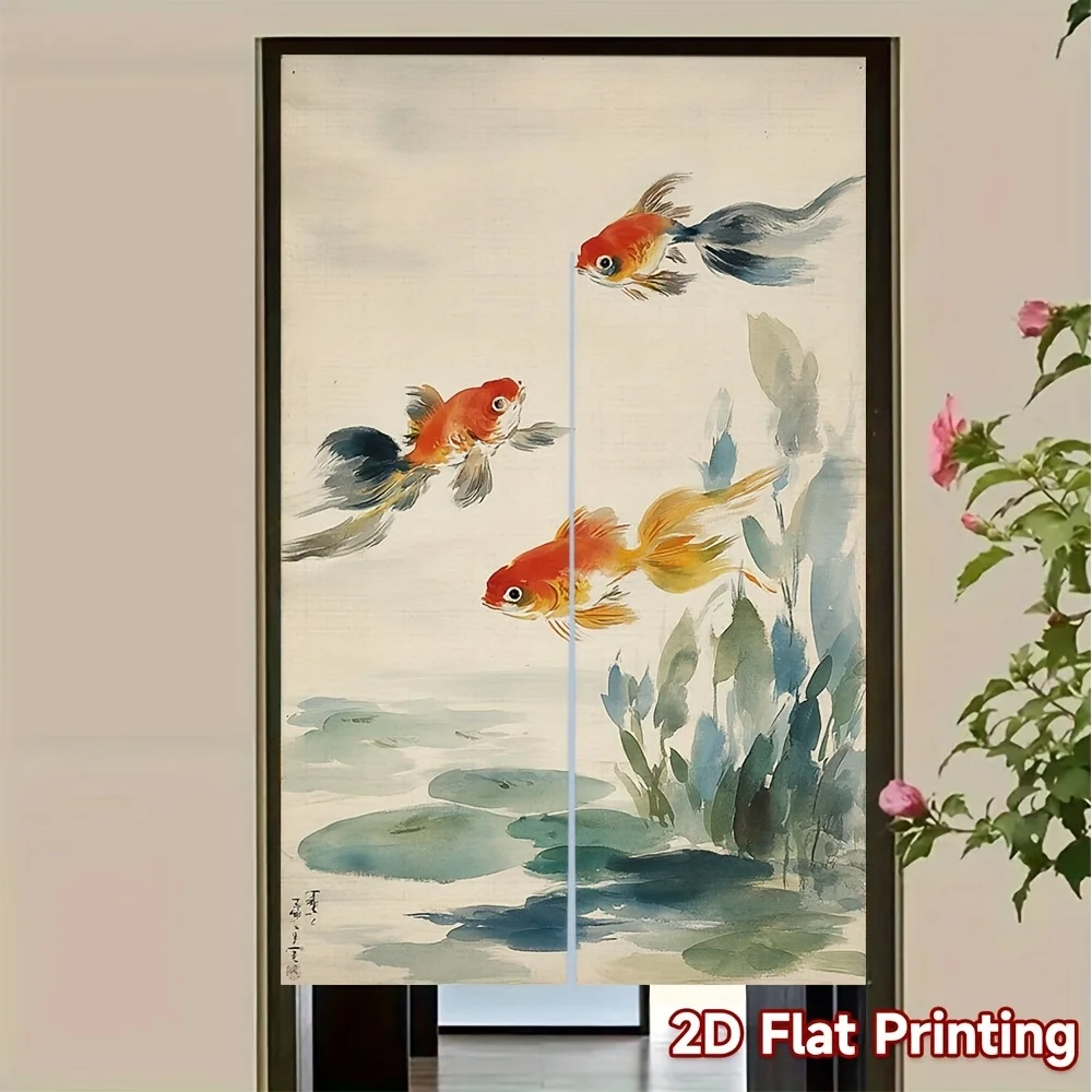 Japanese Traditional Ink Goldfish Pond Noren Curtain, Linen Door Curtain for Home Entrance & Restaurant Decorative Partition
