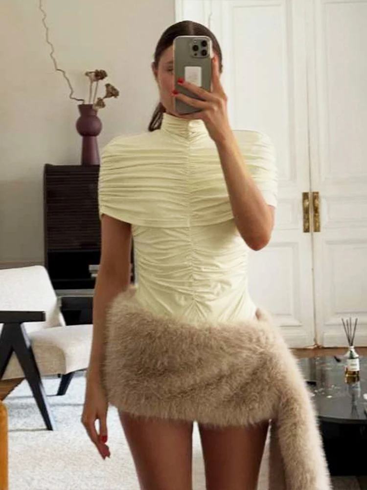 

Cutenew Turtleneck Ruched Bodysuit Women Classic Shoulder Wrapped Patchwork Simple Solid Wild Stretch Skinny Daily Clubwear