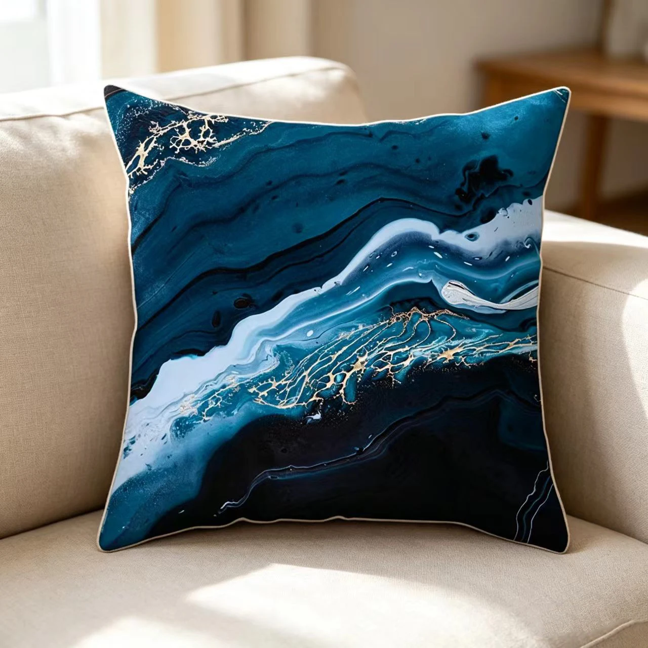 Navy Blue Agate Marble Gold Vein Fluid Art Throw Pillow Case Decorative Pillowcase Living Room Sofa Cushion Cover Home Decor